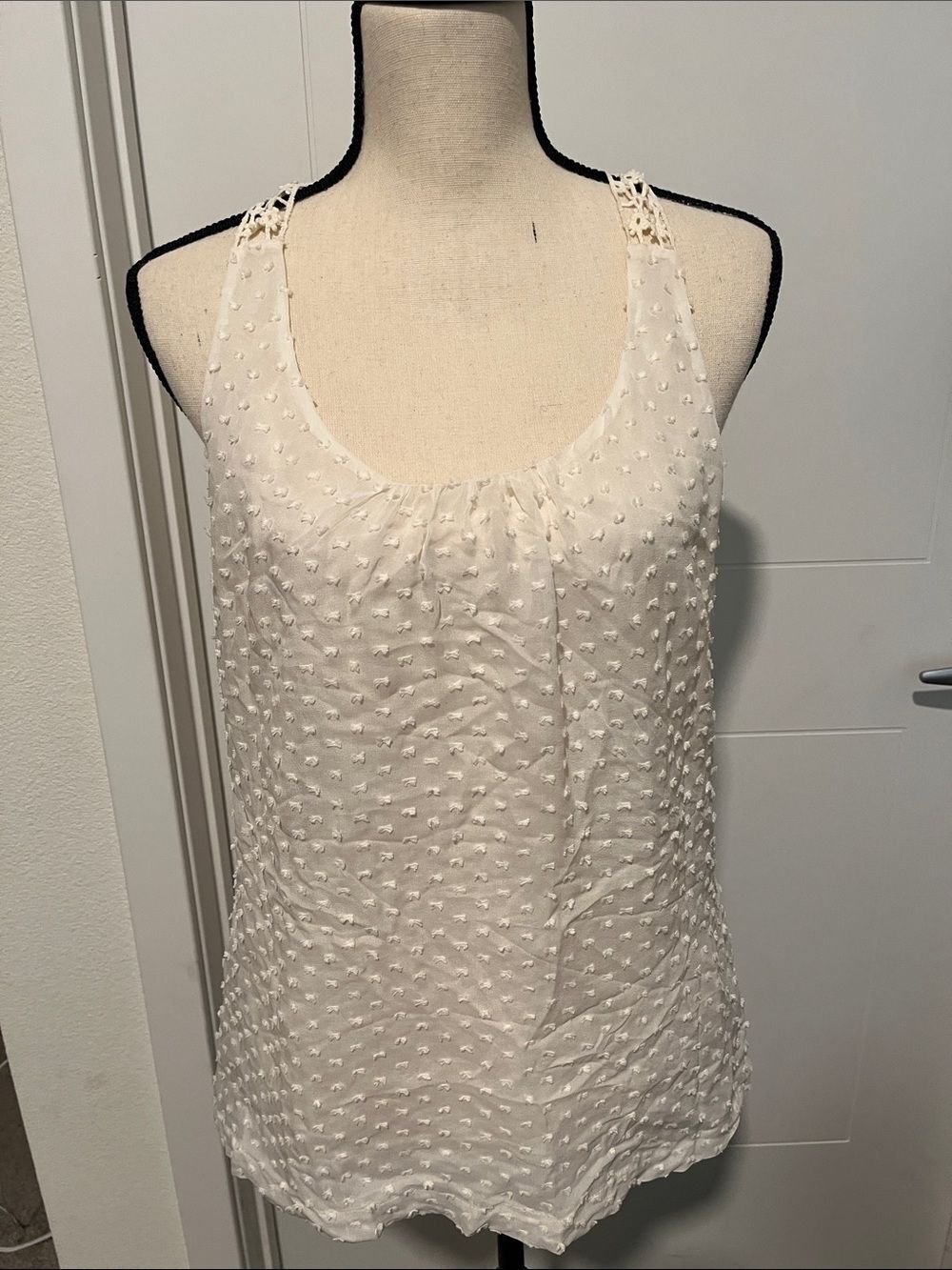 Bebe White Swiss Dot Sleeveless Crochet Back Tank Top Cottagecore Coquette
